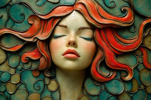 Sculpture of a serene female face with red hair, surrounded by intricate ornamental patterns.