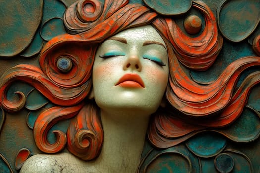 Sculpture of a serene female face with red hair, surrounded by intricate ornamental patterns.