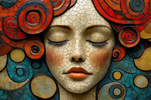 Sculpture of a serene female face with red hair, surrounded by intricate ornamental patterns.