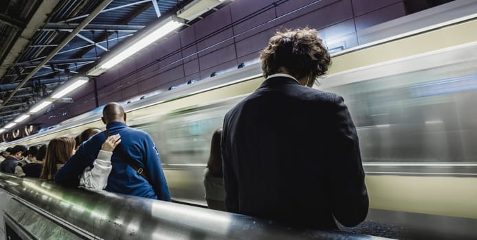 Passengers traveling by Tokyo metro. Business people commuting to work by public transport in rush hour. Shallow depth of field photo.