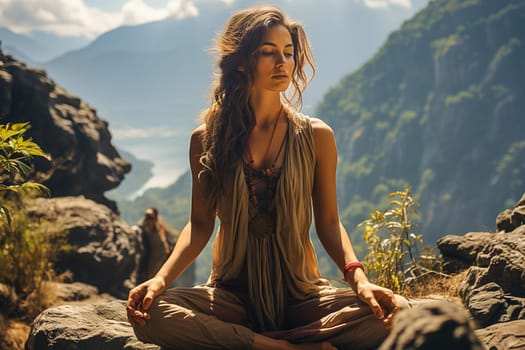 A woman meditates in the mountains. High quality photo
