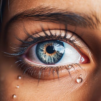 Tired watery eyes with blood vessels close-up. High quality photo