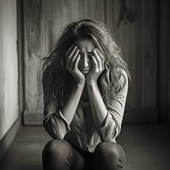 Upset woman supports her head with her hand. Poor health, grief, sadness. High quality photo