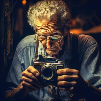 A pensioner takes photographs with an old camera. High quality photo