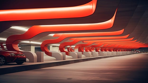 Modern fantastic underground parking in red colors. High quality photo