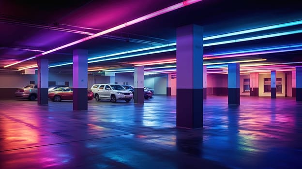 Modern fantastic underground parking in blue and purple colors. High quality photo