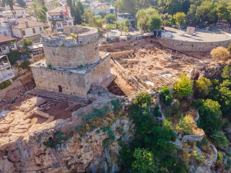 Hidirlik Tower, landmark of old town in Antalya Turkey. Drone view.