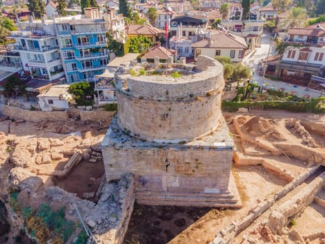 Hidirlik Tower, landmark of old town in Antalya Turkey. Drone view.