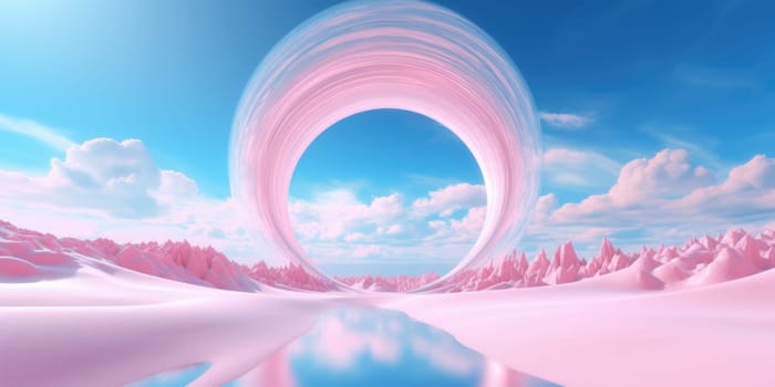 3d rendering abstract fantasy background. Surreal fantastic landscape. Blue sky, white fluffy clouds, neon round linear frame, calm water, pink sand dunes. Virtual reality paradise wallpaper. Generative AI image weber.