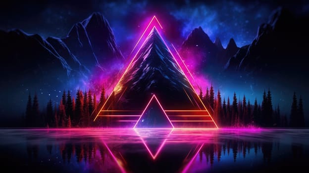 Glowing neon triangle frame over abstract landscape. Generative AI image weber.