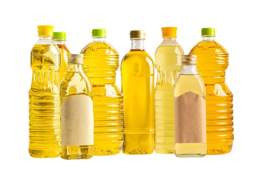 Vegetable oil with olive oil in different bottle for cooking isolated on white background with clipping path.