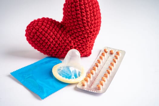 Birth control pills and condom, contraception health and medicine.