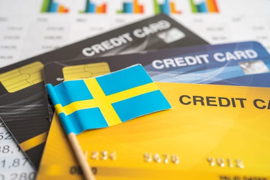 Credit card model with Sweden flag, financial investment economy business banking concept.