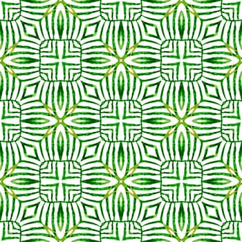 Textile ready mind-blowing print, swimwear fabric, wallpaper, wrapping. Green superb boho chic summer design. Striped hand drawn design. Repeating striped hand drawn border.