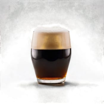 Porter beer glass tall and filled with deep brown beer one empty and one topped. Food isolated on transparent background.