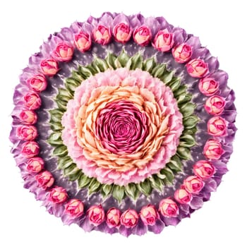 Rosebuds mandala a fragrant mandala of rosebuds with powder scattering and petals flying. Food isolated on transparent background.