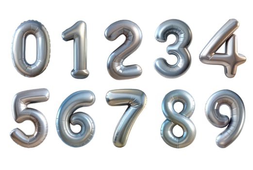 Silver Foil Balloons Numbers Isolated on white background. Ai generated image