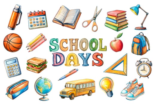 School supplies and accessories isolated on white background. Back to school illustration set. Education concept. ai generated image