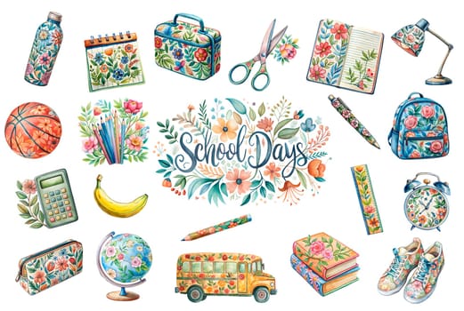 School supplies and accessories with floral pattern isolated on white background. Back to school illustration set. Education concept. ai generated image