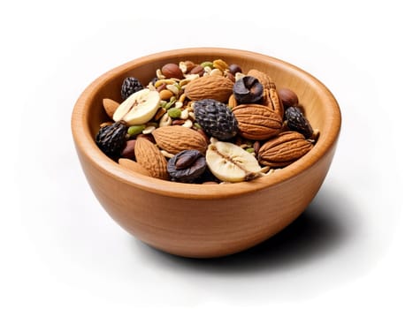 Trail Mix mix of nuts seeds and dried fruits served in small wooden bowl against. Food isolated on transparent background.