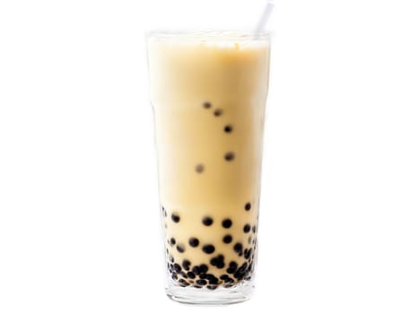 Bubble tea tapioca pearls in sweet milk tea served in a transparent glass Taiwanese popular. Food isolated on transparent background.
