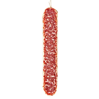 Sliced sopressata with red edges suspended and spinning Food and culinary concept. Food isolated on transparent background.