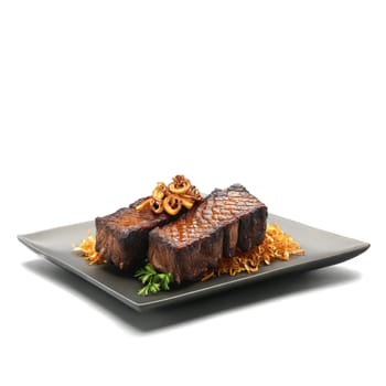 Grilled bison short ribs char marks smoky barbecue sauce crispy onions parsley garnish Culinary and. Food isolated on transparent background