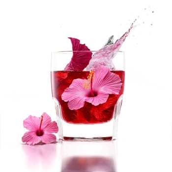 Agua de jamaica magenta hibiscus tea splashing from glass ice cubes clinking isolated on transparent. Food isolated on transparent background.