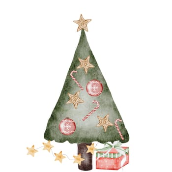Christmas tree cartoon. Watercolor drawing of christmas symbol on isolated white background. Clip art of pine tree for design of cards and invitations. New Year 2025 design. High quality illustration