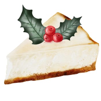 Cheesecake drawing. Watercolor illustration of New York cheesecake with red berries on isolated white background. A piece of cottage cheese pie decorated with berries. Ideal for coffee shop, pastry shop menu and logo. Christmas Cake Clip Art
