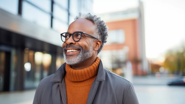 Confident happy smiling mature African businessman standing in the city, wearing glasses, looking away