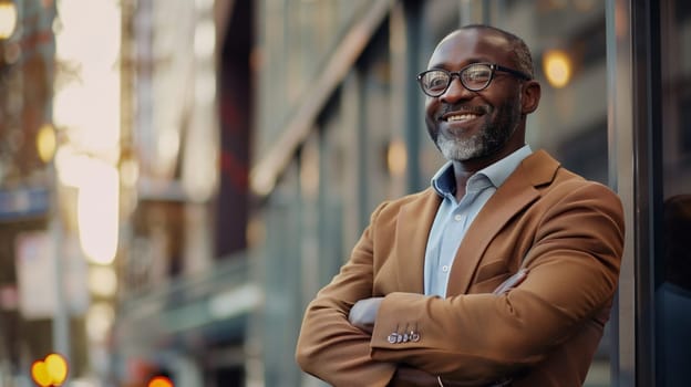 Successful happy smiling mature black businessman with crossed arms standing in the city, wearing brown business suit, glasses, looking at camera