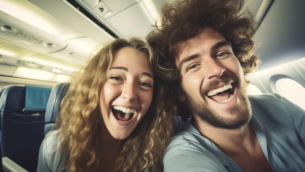 Portrait of happy laughing young couple passengers taking selfie together sits in a seat on an airplane enjoying flight