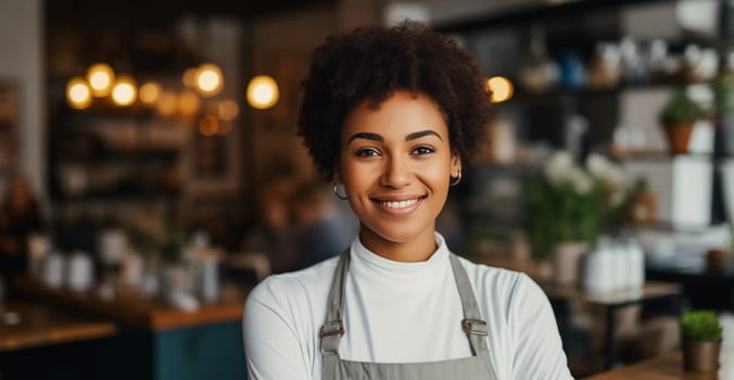 Portrait of happy smiling African woman barista, coffee house or cafe worker, young waiter working in coffee shop, looking at camera