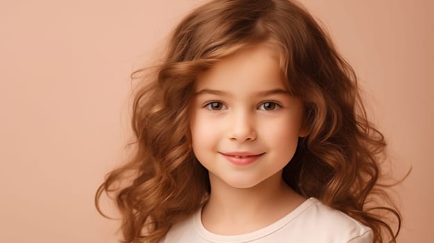 Beauty portrait of pretty little girl child looking at camera on beige background