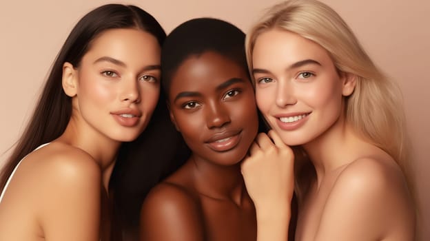 Beauty portrait of three multiethnic diverse young women with clean healthy skin, beautiful lovely female models posing together on studio background