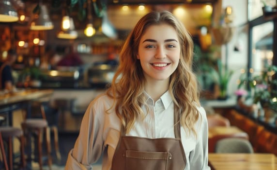 Portrait of happy smiling woman barista, coffee house or cafe worker, young waiter in apron working in coffee shop, looking at camera