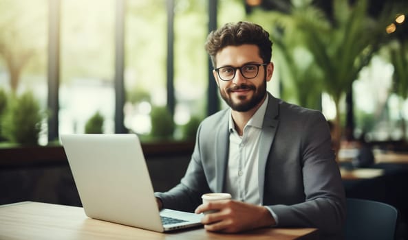 Modern successful young businessman sitting in a cafe and working on a laptop, drinks coffee, looking at camera