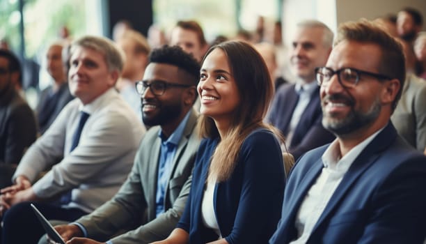 Group of business people at a seminar, official meeting, people in business formal clothes listening to a speech