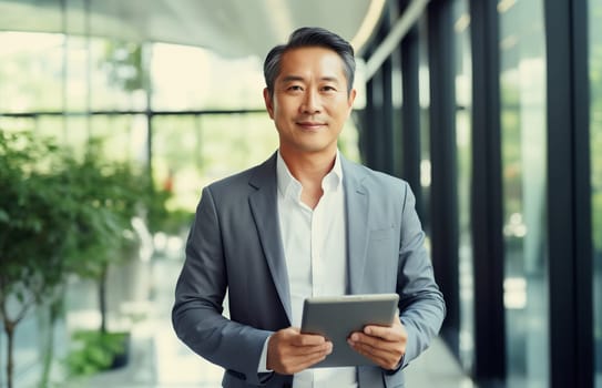 Portrait of confident Asian businessman holding digital tablet computer standing in the office wearing business suit and looking at camera