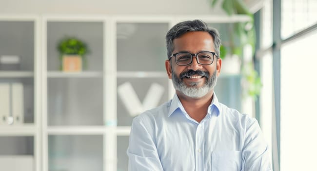 Portrait of confident happy smiling mature businessman standing in the office, man entrepreneur in shirt with glasses looking at camera