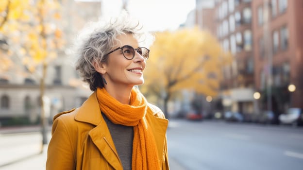 Portrait of beautiful happy smiling mature woman with glasses, gray hair standing in autumn city, yellow leaves, looking away