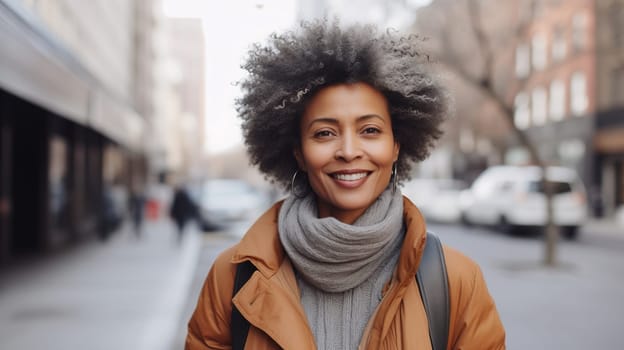 Portrait of beautiful happy smiling African mature woman with curly gray hair standing in autumn city, looking at camera