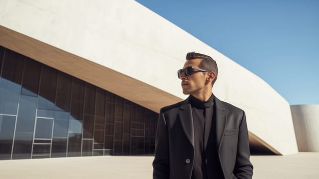 Fashion concept of successful stylish elegant man in black business suit looking away against the minimalism design architecture of a modern art museum building