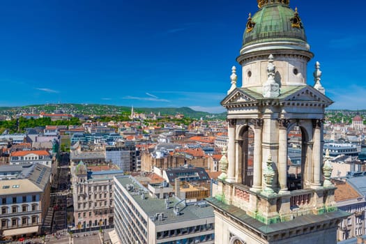 Panoramic view from St. Stephen's Basilica, a Roman Catholic basilica in Budapest, Hungary. Famous landmark
