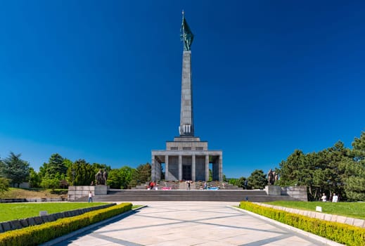 Bratislava, Slovakia - 9 May 2024: View of the Slavín memorial monument and military cemetery, famous landmark