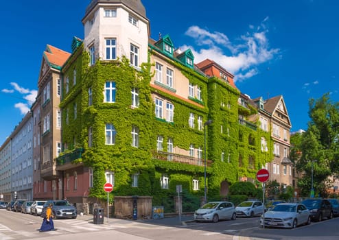 Bratislava, Slovakia - 12 May 2024: An old historical building overgrown with loach