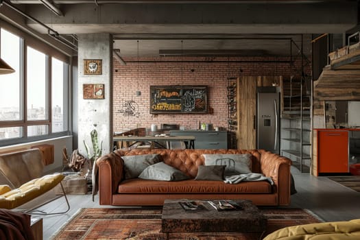 Stylish loft apartment with exposed brick walls, leather sofa, and eclectic decor, blending industrial and modern aesthetics.