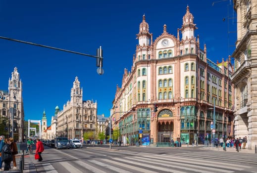 Budapest, Hungary - 5 April 2024: Parisi Udvar Hotel, The Unbound Collection by Hyatt art nouveau architecture.