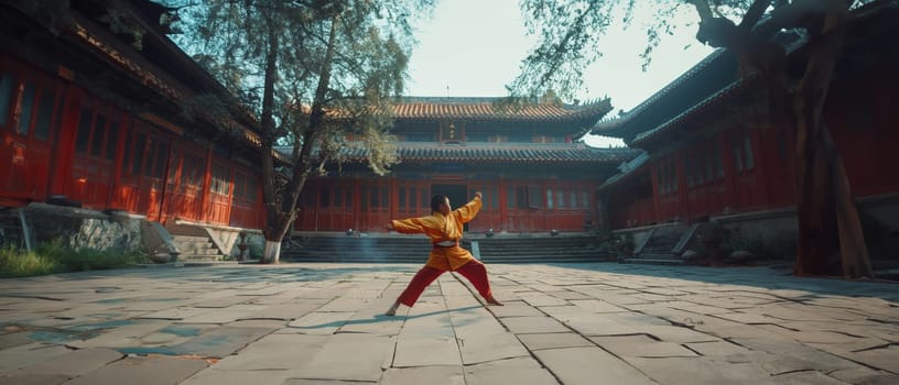 The morning light enhances the vibrant energy of a young martial artist in a golden uniform, captured in mid-movement in a temple's grand courtyard